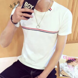 楠子汉#夏季韩版男士T恤男短袖圆领修身体恤半袖衣服男装打底衫潮流上衣 短胸前条纹-白色 XL