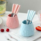 耐持水果叉家用水果签收纳罐套装蛋糕小叉子创意可爱不锈钢轻奢果插 蓝色浮雕罐+5只水果叉