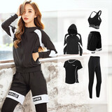 柯帛新款秋冬季跑步运动套装女长袖外套健身房短裤瑜伽服大码宽松服 黑白帽衫五件套 XXL（140-160斤）
