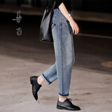 善己牛仔裤女秋2020新款宽松显瘦高腰女士休闲百搭哈伦萝卜裤子潮 牛仔蓝 L【现货发售】