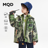 MQD童装男童中长款印花连帽风衣23字母时尚防水反光口袋上衣 绿花版 150 (XL)