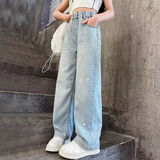 恬莹女童裤子春秋加绒款2025新款中大童洋气直筒阔腿裤女孩儿童牛仔裤 蓝色 150 (建议身高135-145CM)