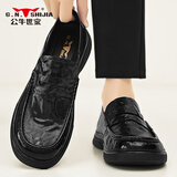 公牛世家男鞋2025新款秋冬季牛皮透气休闲皮鞋男一脚蹬软底开车豆豆乐福鞋 黑色【四季款单鞋】GN12310Z071 40 （标准皮鞋码）
