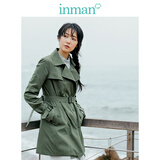 茵曼（INMAN）秋装秋冬净色纯棉翻领收腰百搭风衣外套女【1873061300】 军绿 S