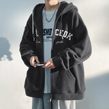 百鹊亭夹克男2025秋冬季美式潮牌连帽开衫外套男青少年时尚加绒卫衣男 深灰色 L