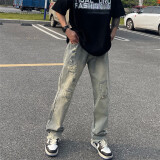衣然呈品 美式黄泥染破洞水洗牛仔裤男潮牌宽松直筒高街vibe春夏季裤子男 黄泥染 XL【建议120-135斤】