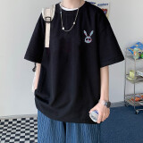 大鱼界线纯色t恤男潮牌潮流百搭ins宽松半袖男夏季新款青少年衣服男生短袖 小兔子-黑色 XL(135-145斤）