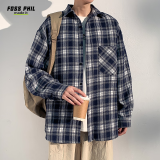 Foss Phil复古格子衬衫男秋冬季宽松衬衣港风潮牌长袖外套FPCS11藏青3XL