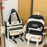 长臂猿书包小学生女生高颜值高中学生初中生两件套大容量轻便背包儿童高年级4-6年级女孩子可爱新款双肩包 黑色两件套带12个徽章加两粉小熊