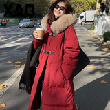 XAQ羽绒服女长款2023秋冬时尚洋气90白鸭绒加厚保暖狐狸大毛领外套女 火焰红 S（80-110斤）