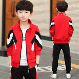 粉笔末端三件套男童秋装套装儿童运动服中大童男孩春秋季外套卫衣裤子套装 红色 150 cm