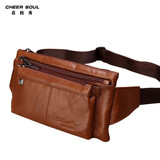 喜枝秀腰包男头层牛皮多功能斜挎胸包薄款隐形包贴身手机腰包休闲运动包 棕色