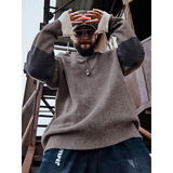纺布者潮牌大码男装秋季加大加厚拼接圆领针织衫男士休闲打底衫 浅咖 2XL（150-175斤）