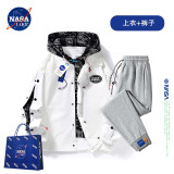 NASA LIKE官方潮牌外套男秋冬季假两件夹克男士棒球服宽松情侣加绒学生上衣 白色+灰色裤子套装 XL（建议120-140斤）