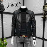 JWX香港潮牌修身皮衣夹克衫男 2025春季新款商务休闲机车PU皮短外套 黑色(建议拍大一码) XL (适合115-130斤)