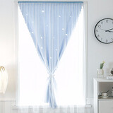 西漢家纺 魔术贴窗帘 带纱 免打孔安装网红款自粘魔术粘贴式窗帘全遮光布遮阳纱卧室飘窗 镂空星星筑梦蓝（布纱一体） 宽1.8米*高2米