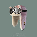 云见森知 雷锋帽子男女冬天韩版百搭可爱灯芯绒护耳保暖帽户外东北防寒 粉色（含护目镜）