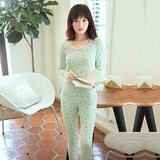 爱帝【棉柔亲肤】女士保暖内衣文艺淑女印花清新保暖衣秋衣秋裤套装 豆绿-7611 M(160/100斤）