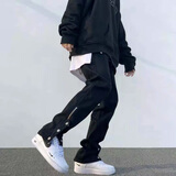 POUM 牛仔裤男欧美vibe高街修身小脚裤子工装机能排扣设计感小众潮牌 SXNZ-7068黑色 XL