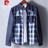 皮尔卡丹（pierre cardin）牛仔衬衫男长袖韩版格子修身工装上衣翻领百搭衬衣251008蓝色M