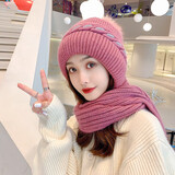 笙格儿 毛线帽围巾两件套秋冬天帽子女冬季户外防风寒套头兔毛保暖针织帽女生礼物 粉色 帽子围巾一体
