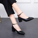 舒适软皮职业工作鞋女黑色皮鞋秋季新款中跟粗跟软底气质空姐一字扣带单鞋 黑色 35