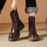 达芙妮厚底马丁靴女秋冬短靴女百搭单靴英伦风中筒靴子女 棕色 37