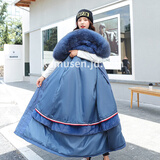 可拆卸派克服女长款棉服女中长款大码棉衣胖mm过膝韩版加绒加厚棉袄外套 雾霾蓝 M（95--115斤）