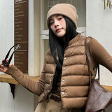 花田衣亩90%白鹅绒服马甲女2025新款秋冬季中式大衣内搭立领羽绒短款背心 咖啡 90%鹅绒马甲 M 推荐体重（100-115斤）