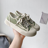帆布鞋女春款2025年秋季新款百搭ulzzang厚底透气运动板鞋饼干鞋 千鸟格绿色 升级款 39