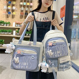 卡特骆 品牌拼色帆布书包女中学生日韩风小清新韩版学院风初中生高中生小学生女生书包原宿风双肩背包 白配蓝双肩包+补习袋【带徽章+挂件】