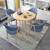 圣森源 洽谈桌椅组合休闲小圆桌椅简约休闲接待会客店铺咖啡奶茶店桌椅 原木色桌子 蓝色布椅 90cm 一桌四椅（4脚）