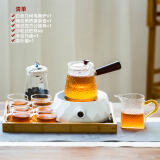 瓷牌茗茶具 玻璃茶壶茶杯茶具套装家用电陶炉茶盘整套茶具办公室煮茶器 白几何电炉+圆锤纹壶8件+罐+托盘