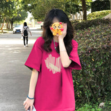 娇茹妮 100纯棉短袖t恤女2025新款夏季宽松学生vintage设计感小众上衣潮 玫红色（260克100%纯棉重磅） L （103—125斤）