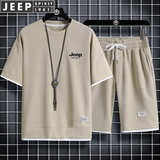 JEEP SPIRIT吉普父亲节礼物短袖T恤男短裤运动套装休闲两件套夏季商务中青年 杏色 XL (145斤-160斤)