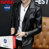 NASA官网联名夹克男机车皮衣男春秋男士潮流韩版修身大码棒球服工装秋冬季加绒加厚休闲秋冬皮夹克外套 黑色 XL【推荐体重125-140斤】