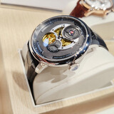 瑞士认证罗宾尼（LOBINNI）瑞士风格手表男士机械表全自动商务镂空飞轮时尚男表前十大名圣诞节礼物 【时光轮系列】银壳黑面黑皮【16020】