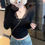 妙奕嘉白色轻薄针织衫女秋装2025新款上衣打底衫蕾丝镂空内搭可外穿百搭 蕾丝拼接袖口蝴蝶结打底衫【黑】 XL 【建议110-120斤】