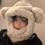 黛米安妮莎冬季防寒帽子女款潮骑行防风保暖可爱雷锋帽冬天加厚护耳棉毛线帽 米白色【口罩围脖帽子一体】 均码