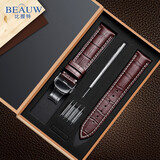 比握特真皮表带牛皮手表带男女蝴蝶扣配件适用天梭浪琴DW小米华为gt4 棕带白线【黑色自动扣】 20mm