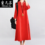 蜜凡苏棉麻长裙子连衣裙到脚踝新款刺绣民族风宽松大号码V领A字 红色 XL 【建议131-145斤】