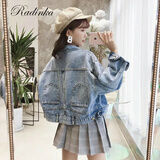 Radinka 2026春秋新款牛仔外套女韩版宽松蝙蝠袖学生短款港味短外套 后背口袋 S