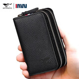 七匹狼真皮钥匙包双层大容量头层牛皮汽车钥匙扣多功能双拉链家用锁匙包 黑色礼盒装长12.7宽6厚4cm