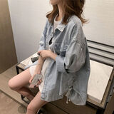 兰威费雷泫雅风牛仔外套女秋新款韩版宽松牛仔衬衫学生短款上衣 蓝色 M