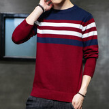 毛衣男加绒加厚秋季薄款针织衫男款潮流修身圆领套头毛衫个性贴皮设计 酒红色040 L