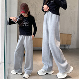 木依木花女童加绒运动裤秋冬装儿童宽松阔腿裤小女孩冬季裤子中大童直筒裤 灰色【春秋单裤】 160 cm