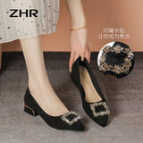 ZHR则则单鞋女新品浅口尖头粗跟女鞋通勤一脚蹬船鞋女 BL180 黑色 37