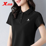 特步 短袖t恤女夏季翻领POLO衫女冰丝透气速干半袖女士跑步休闲运动服 黑色-【店长推荐】 翻领/速干透气 M 165