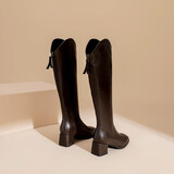 达芙妮 骑士靴长筒靴女长靴秋冬款牛仔高跟靴白色V口靴子 棕色 37