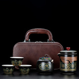 正扬旅行茶具套装便携出游户外陶瓷快客杯一壶四杯办公室简易功夫泡茶 雅黑锦(一壶三杯+茶罐)+咖啡皮包